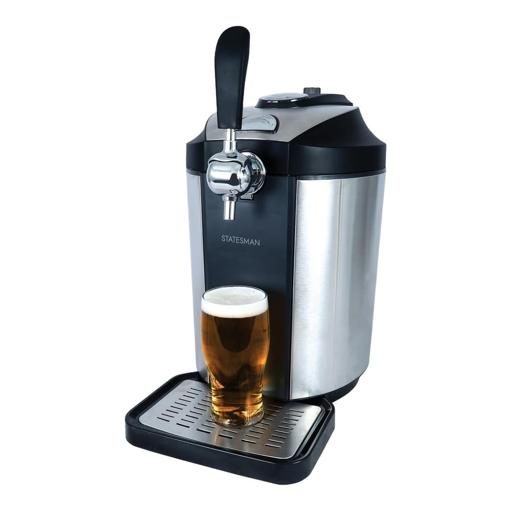 Black and stainless steel beer tap dispenser machine with a glass of golden beer positioned below the tap on a white background