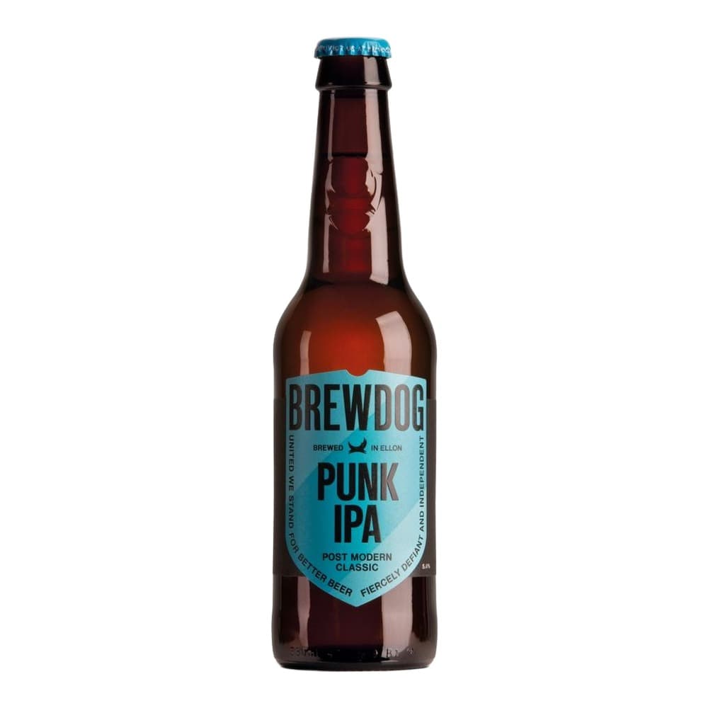 A bottle of BrewDog Punk IPA beer with a blue label against a white background