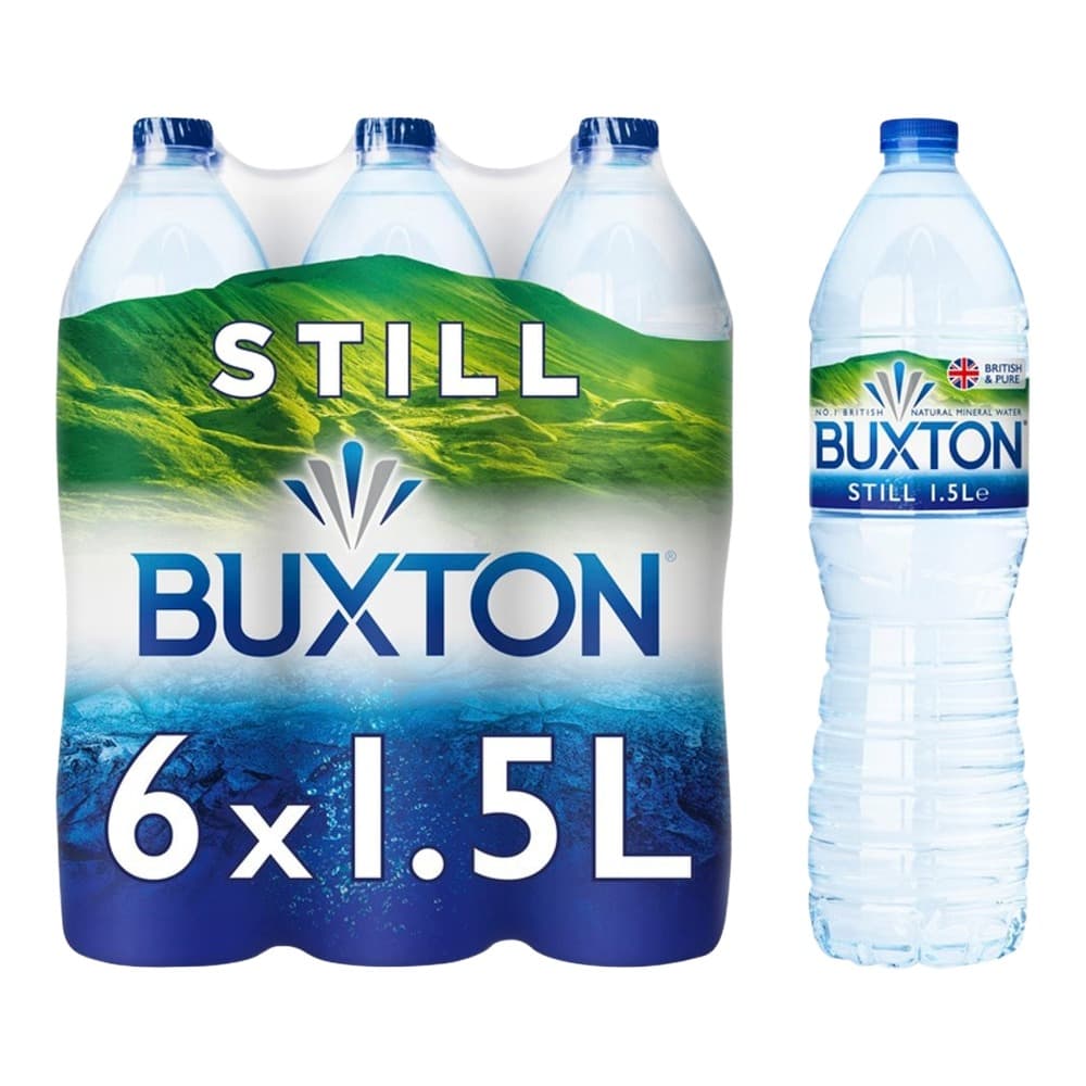 Pack of six 1.5-litre bottles of Buxton Still natural mineral water with a single bottle displayed to the right, featuring green mountainous landscape and blue water imagery on white background.