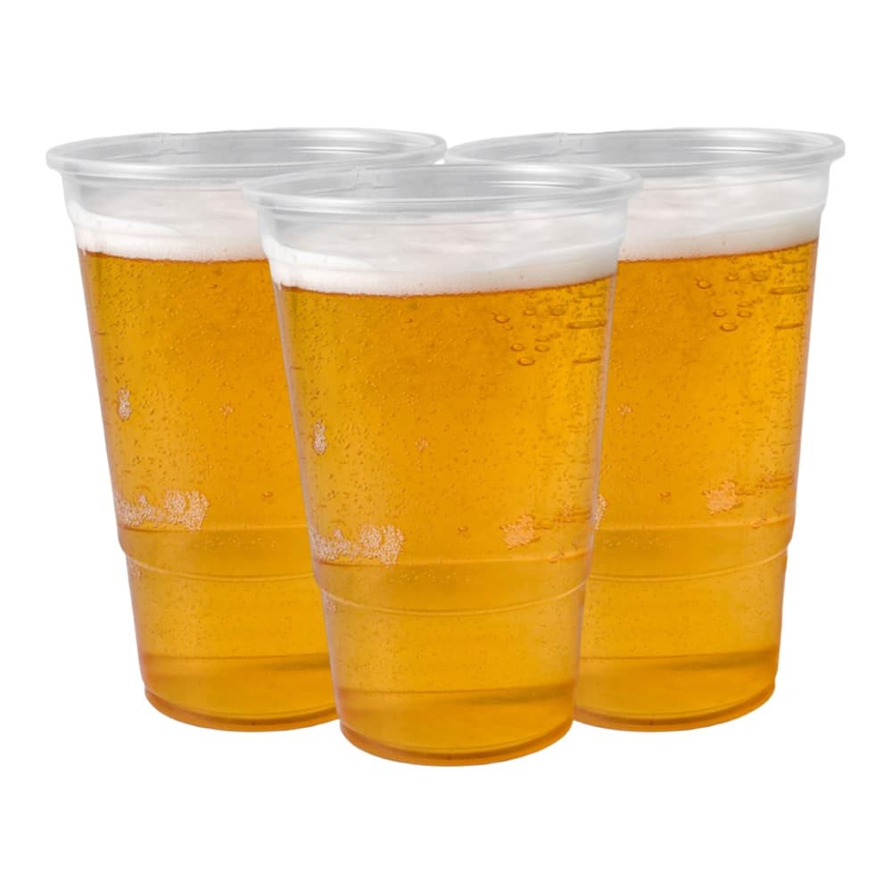Three clear plastic pint cups filled with golden lager beer with white foam heads, displayed against a white background.