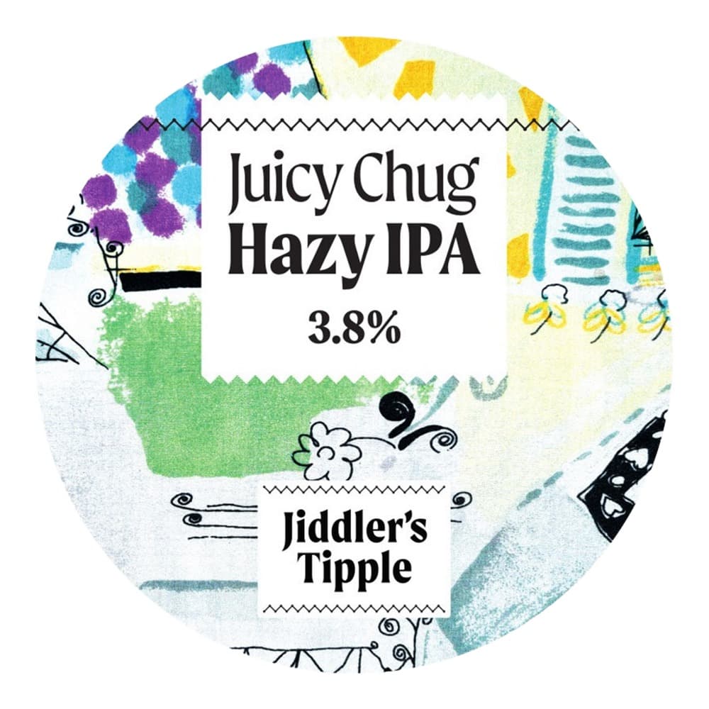Circular beer tap label for Juicy Chug Hazy IPA by Jiddler's Tipple brewery, featuring colourful watercolour artwork with abstract patterns and flora elements.