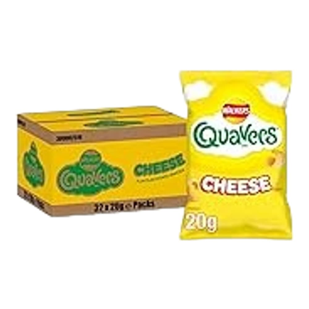 Pack shot of Quavers cheese-flavoured crisps showing a yellow box with multiple individual packets and a single packet displayed in front on a plain white background.