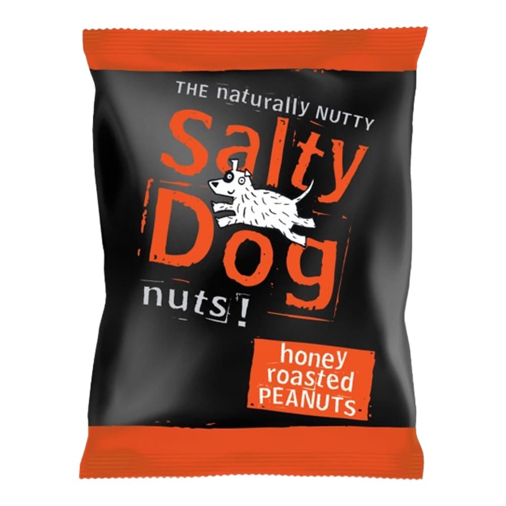 A black and orange packet of Salty Dog brand honey roasted peanuts with a cartoon dog illustration and product branding on a transparent background.