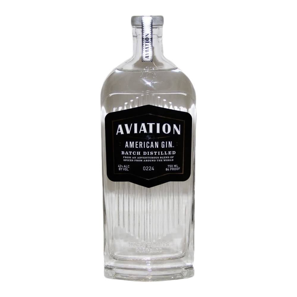 A bottle of Aviation American Gin with a clear glass bottle, silver cap, and black label featuring white text on a white background.