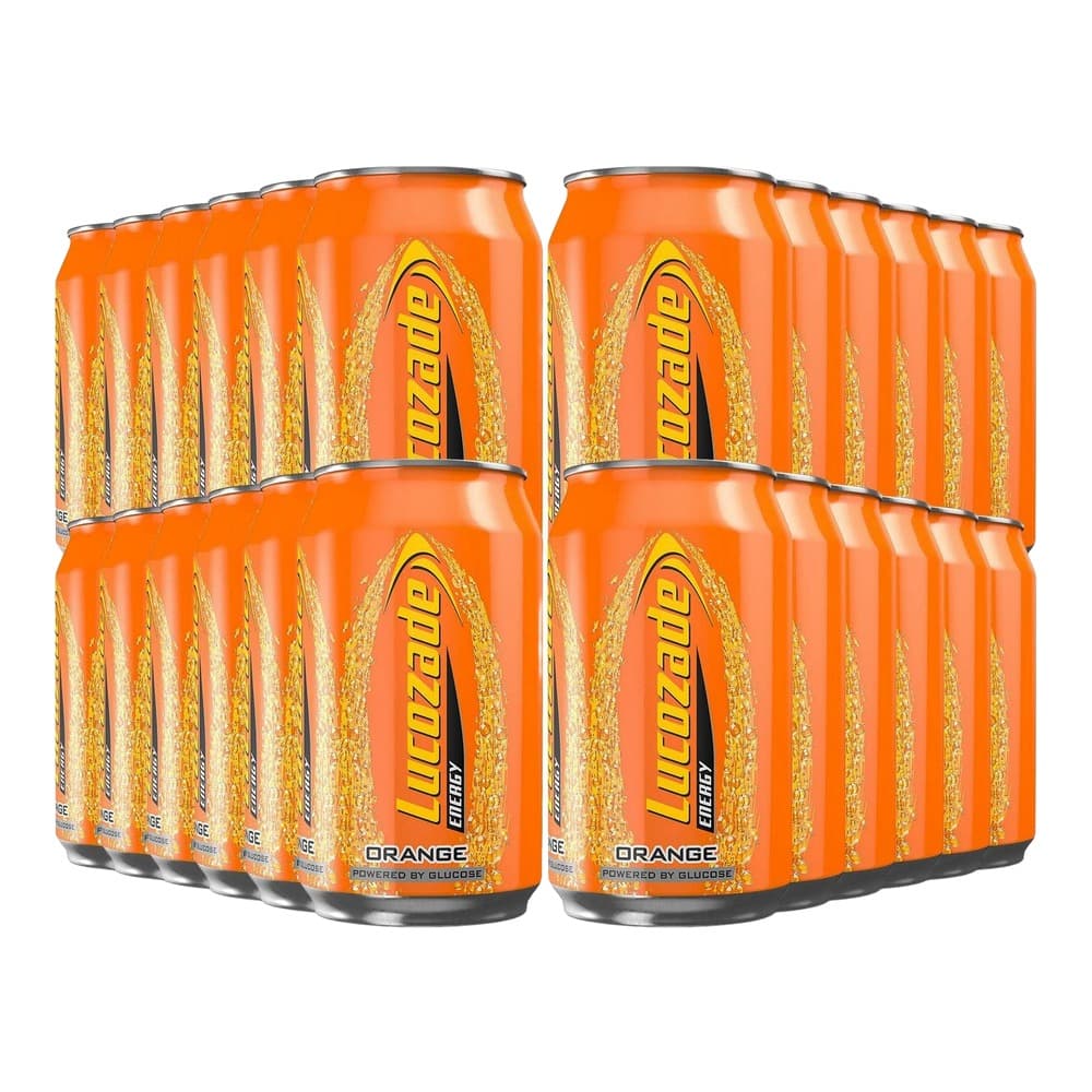 Multiple orange cans of Lucozade Energy drink with yellow branding arranged on a white background