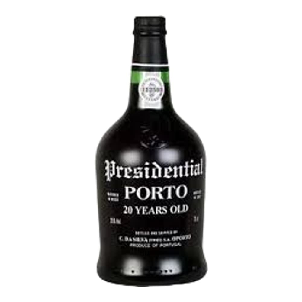 A bottle of Presidential Porto 20 Years Old fortified wine against a plain white background