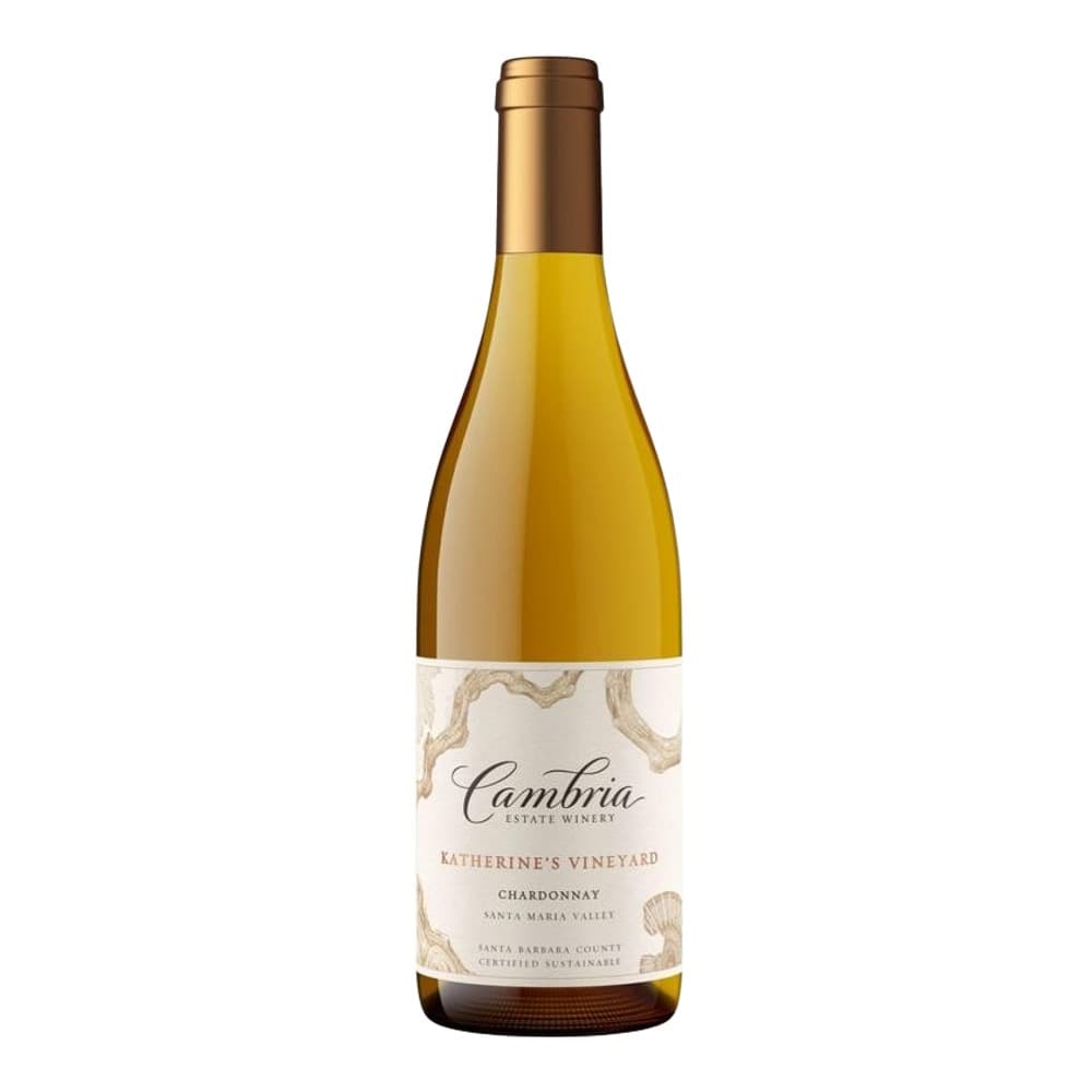 A bottle of Cambria Katherine's Vineyard Chardonnay from Santa Maria Valley with a gold foil cap and cream-coloured label featuring decorative shell motifs, displayed against a white background.