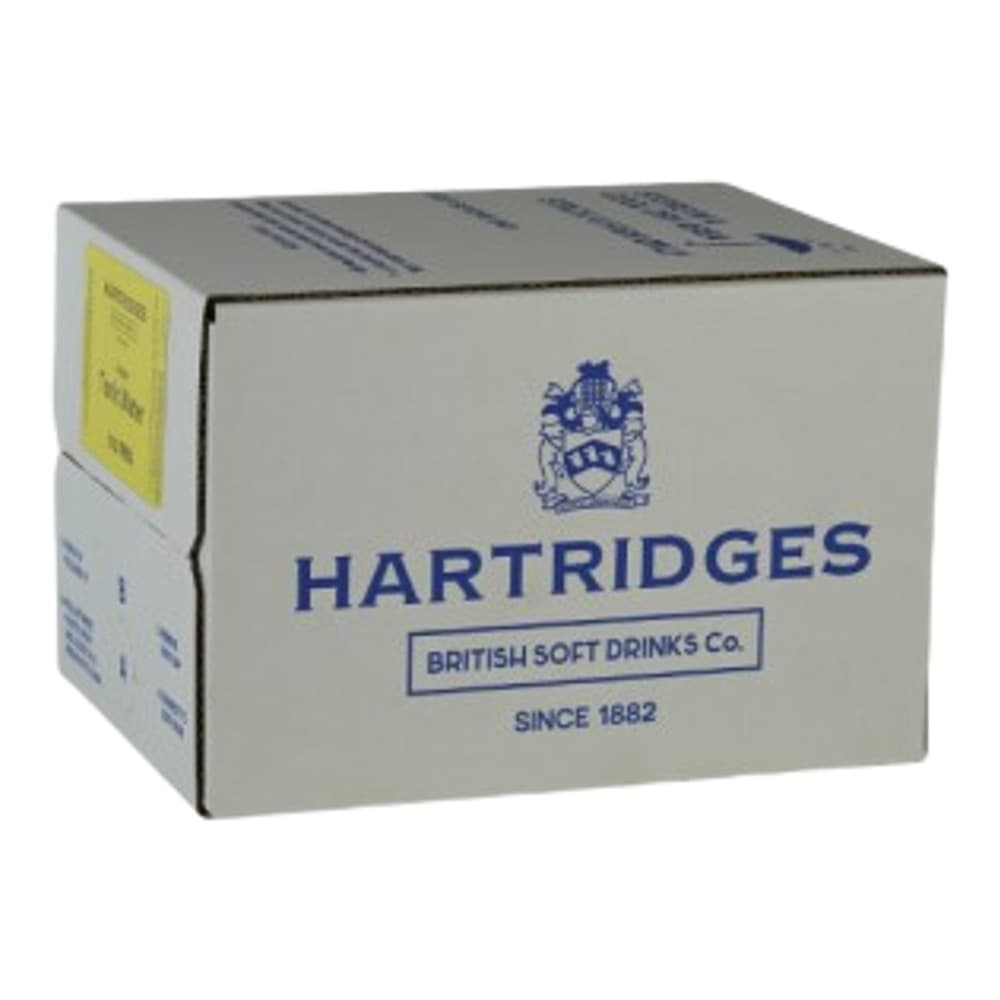 A cardboard box of Hartridges Tonic Water from British Soft Drinks Co, photographed against a plain white background.