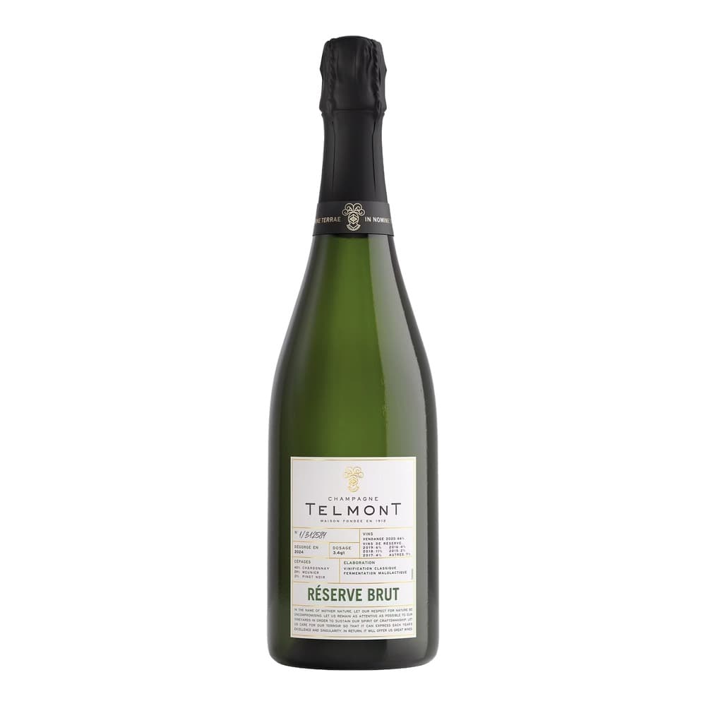 A bottle of Champagne Telmont Réserve Brut displayed against a white background, featuring a pale yellow-green glass bottle with a black foil cap and cream-coloured label.