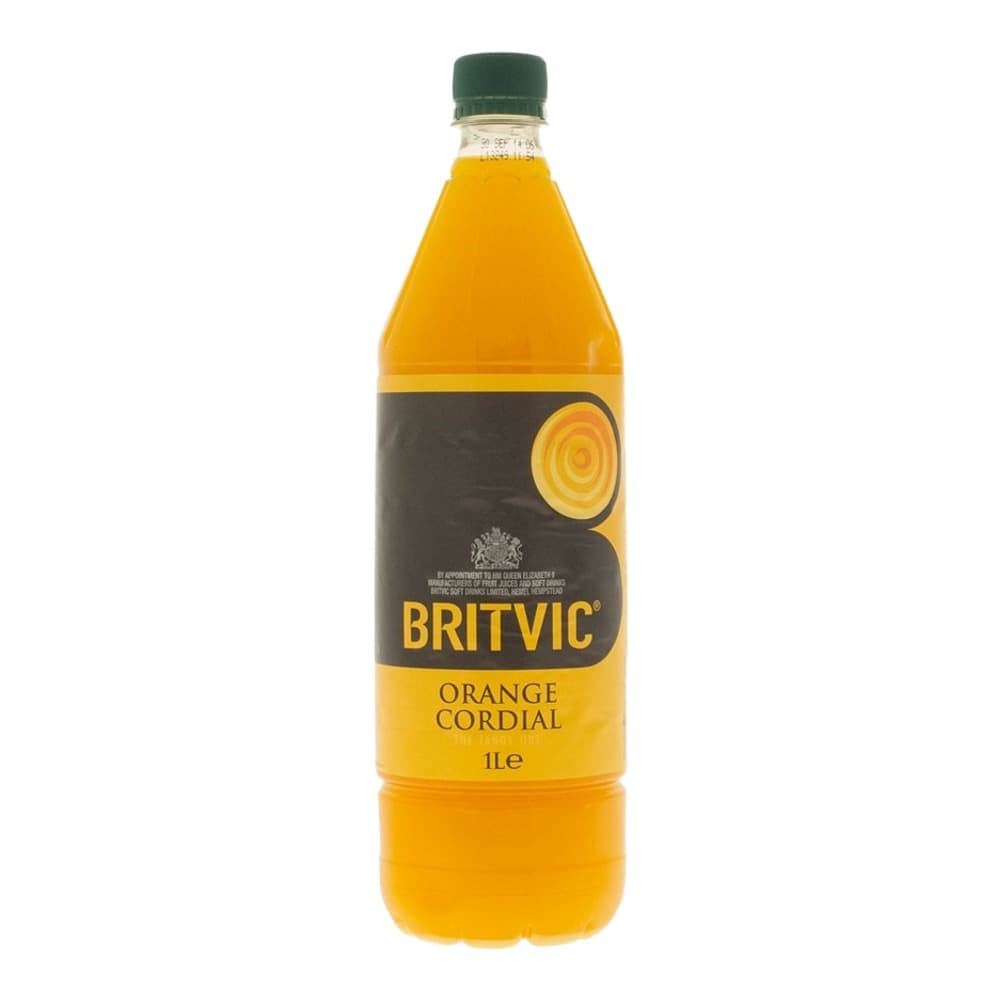 A 1-litre bottle of Britvic orange cordial with a dark label and green screw cap against a white background.