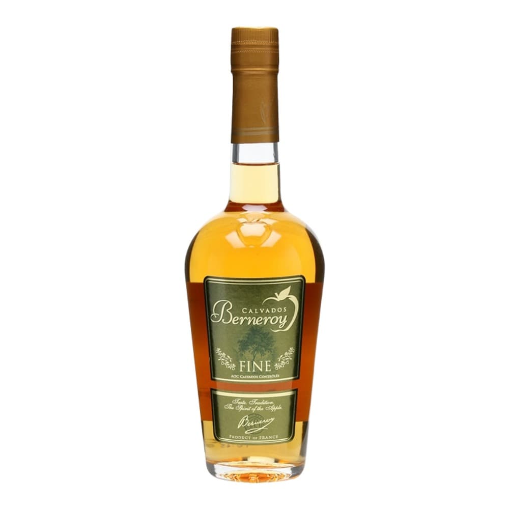 A bottle of Calvados Berneroy Fine cognac with a brown capsule top and green label on a white background.