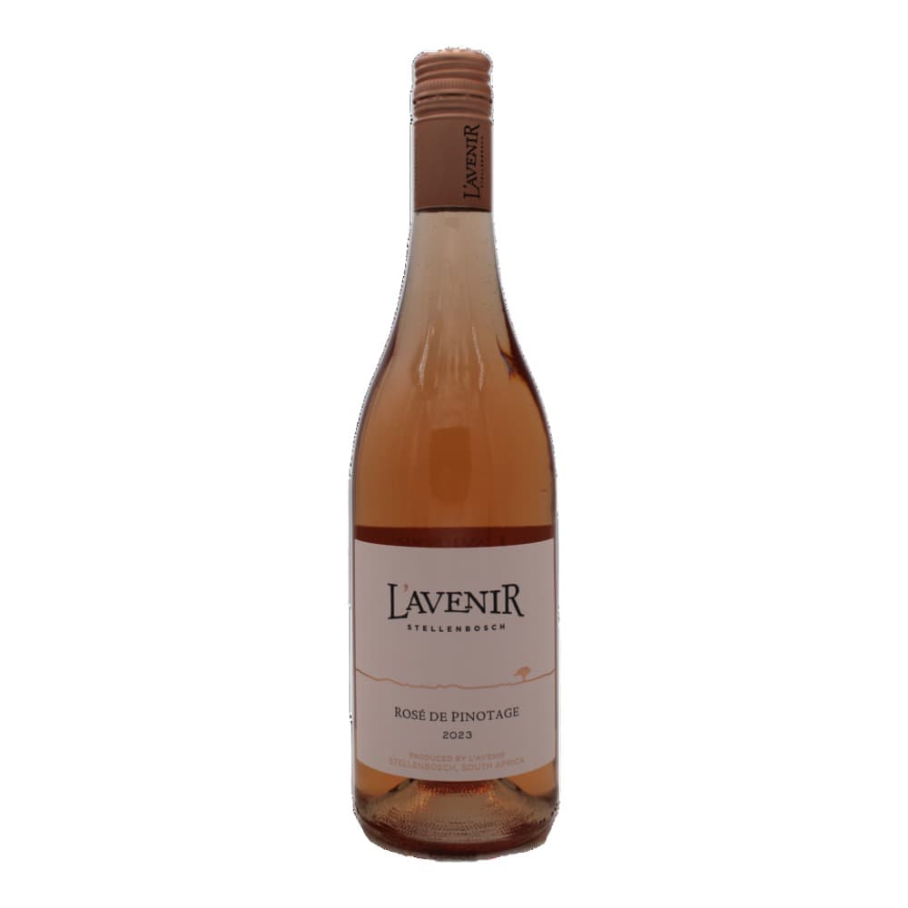 A bottle of Lavenir Rosé de Pinotage 2023 rosé wine from Stellenbosch, South Africa, featuring a brown cap and cream-coloured label against a white background.