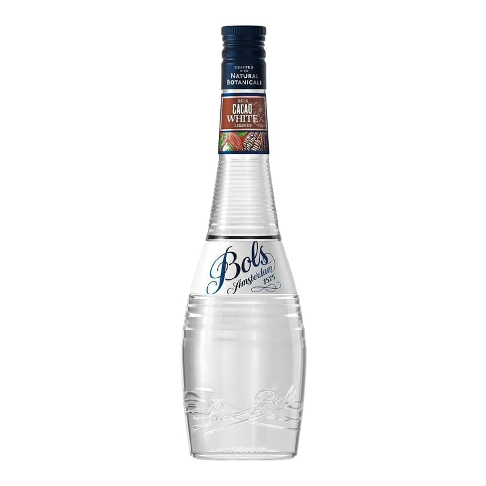 Clear glass bottle of Bols Cacao White liqueur with blue cap and brown label on white background