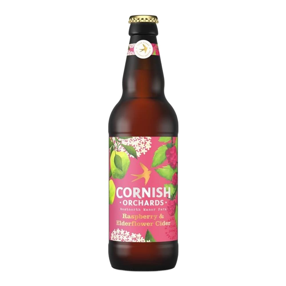 A bottle of Cornish Orchards Raspberry & Elderflower Cider with pink floral label on white background