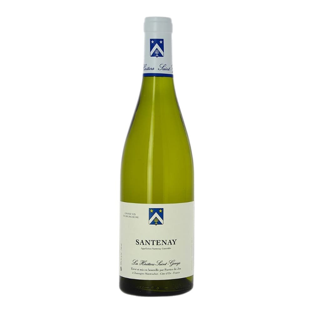 A bottle of Santenay white wine against a plain white background, featuring a light-coloured label with blue branding and a grey foil capsule.