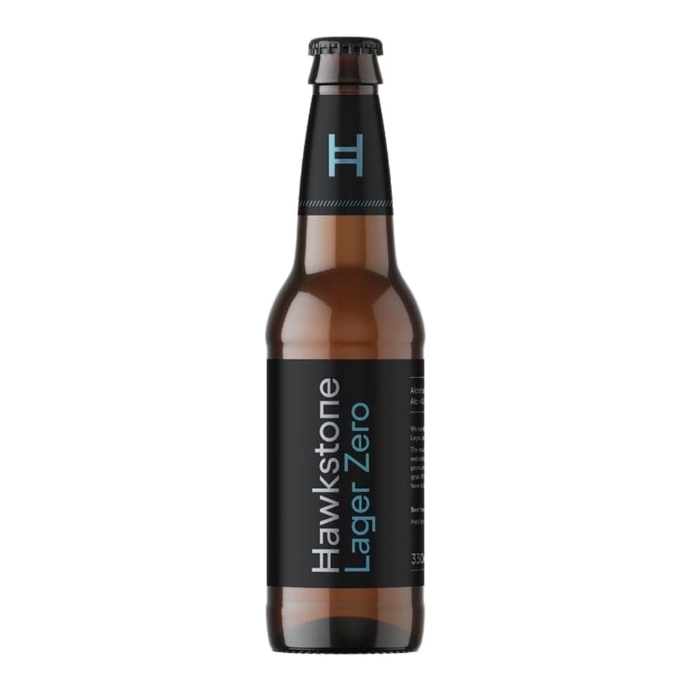 A bottle of Hawkstone Lager Zero beer against a plain white background, featuring a dark label with light blue branding.