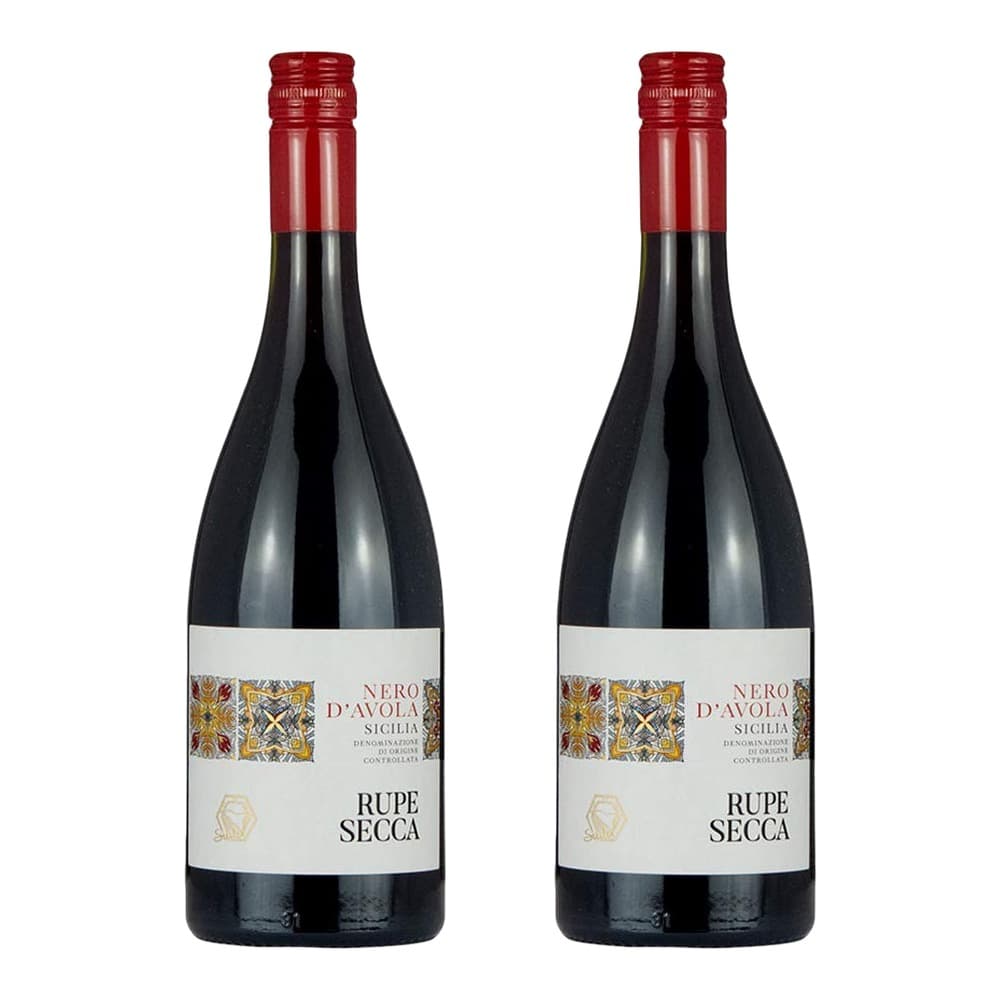 Two bottles of Nero d'Avola Sicilia red wine from Rupe Secca winery, featuring red foil-wrapped capsules and decorative labels with geometric patterns, displayed against a white background.