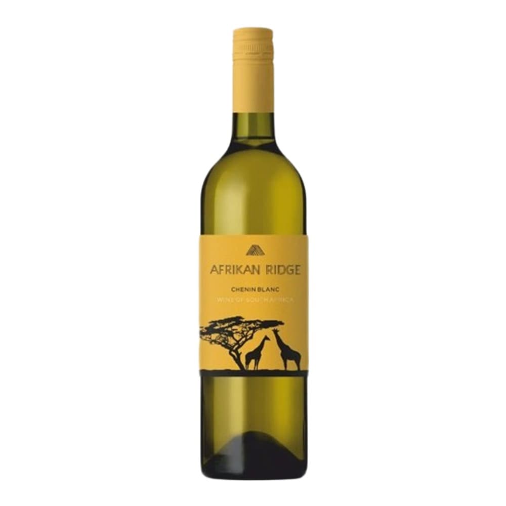 A bottle of African Ridge Chenin Blanc white wine against a plain white background, featuring a gold label with an acacia tree and giraffe silhouette design.