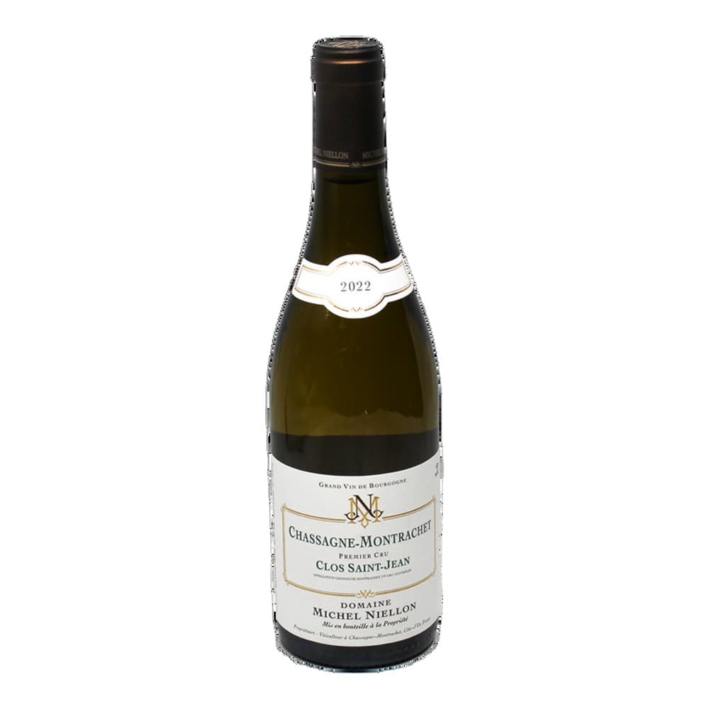 A bottle of Chassagne-Montrachet Premier Cru Clos Saint-Jean white wine from Domaine Michel Niellon, vintage 2022, isolated on a white background.