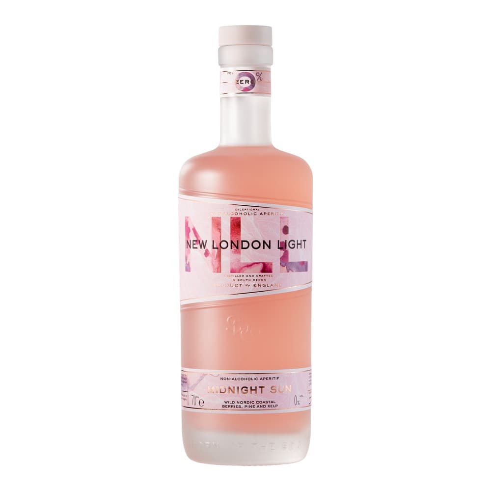 A bottle of New London Light non-alcoholic aperitif with pink liquid, featuring a decorative label with watercolour elements, displayed against a white background.