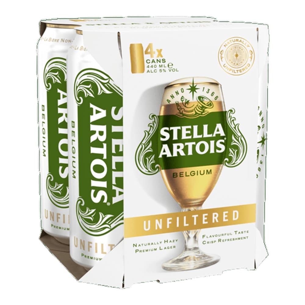 A 14-pack of Stella Artois Unfiltered premium lager cans displayed with a glass of the beer on a white background.