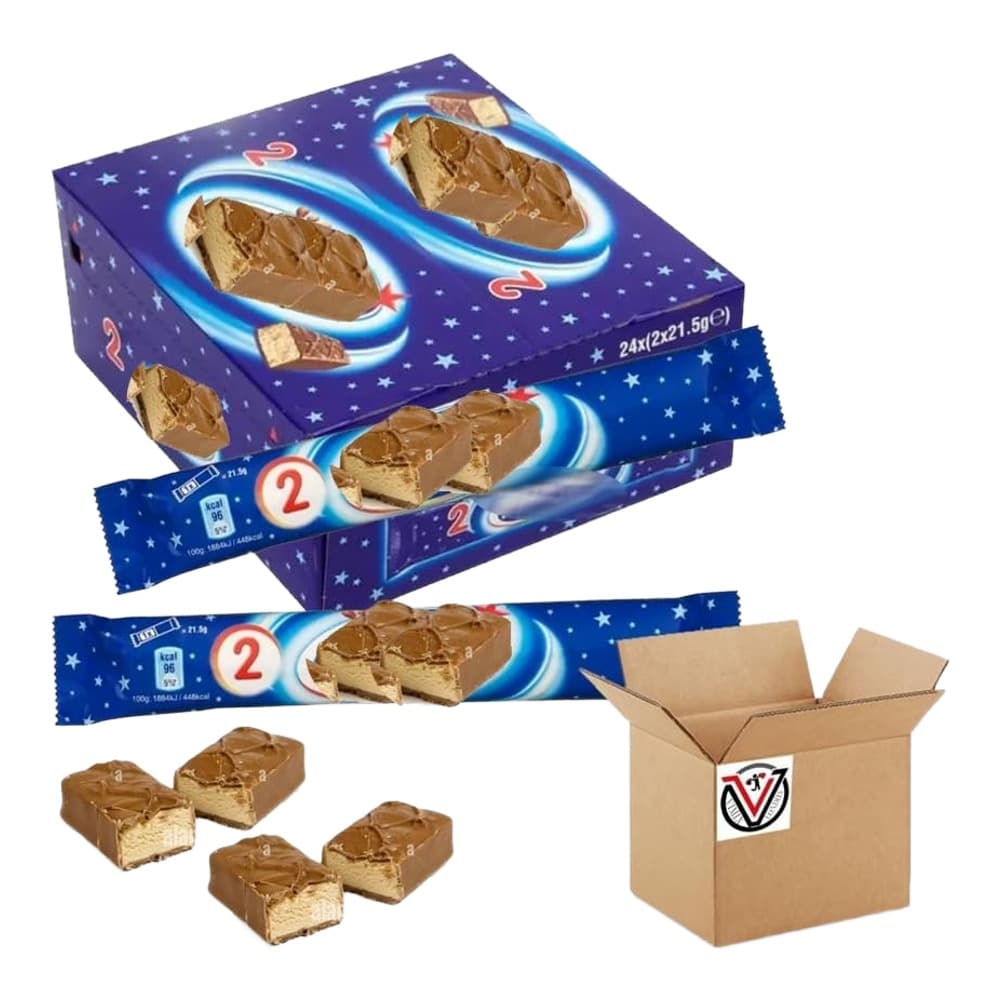 Product pack shot showing blue box of chocolate biscuit bars with 24 individual wrapped bars, loose bars, and cardboard shipping box
