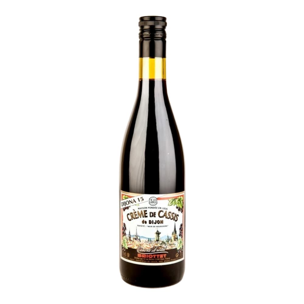 A bottle of Crème de Cassis de Dijon liqueur with a black label and yellow-and-white striped foil top, photographed against a white background.