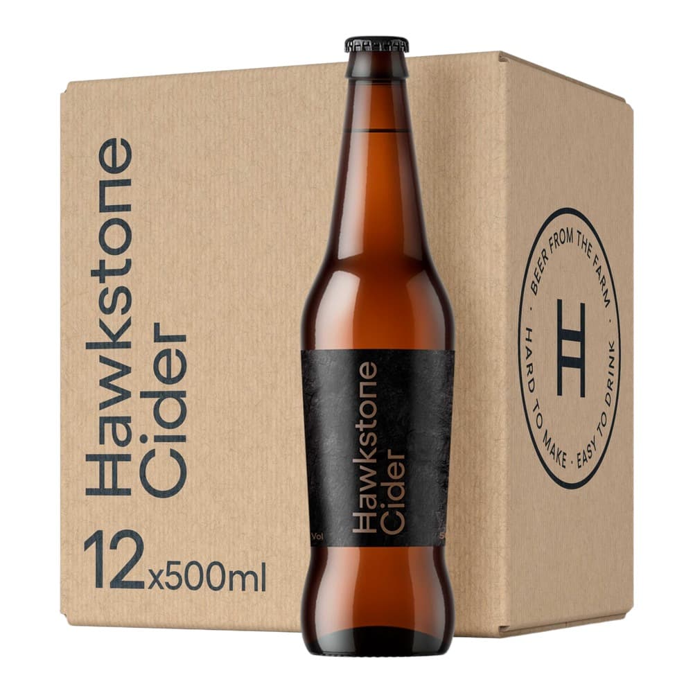 Cardboard case box of Hawkstone Cider with a single 500ml bottle displayed in front against a white background.
