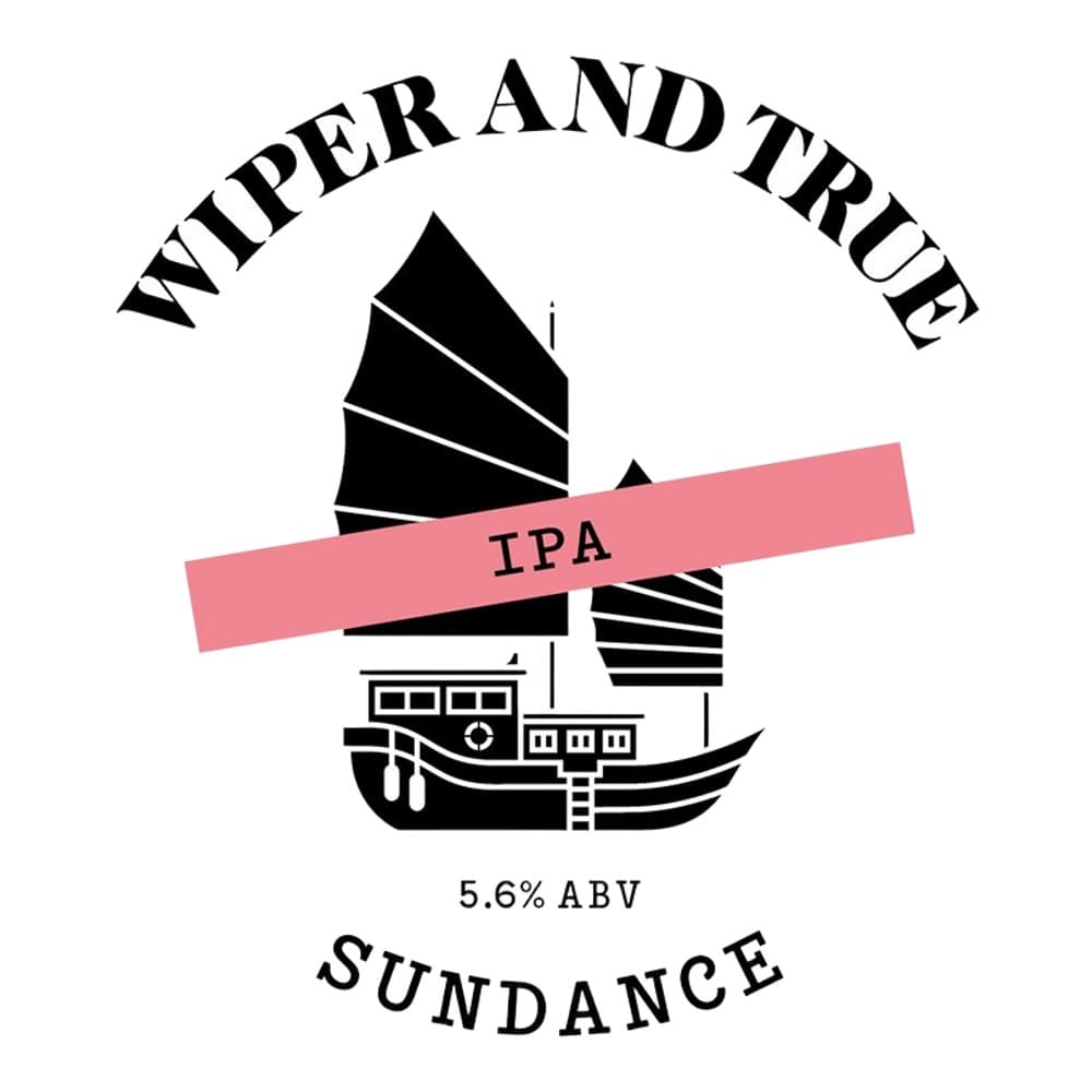 Black and white illustration of a boat with a pink banner reading IPA, featuring text 'Wiper and True' above and 'Sundance' below with 5.6% ABV alcohol content.