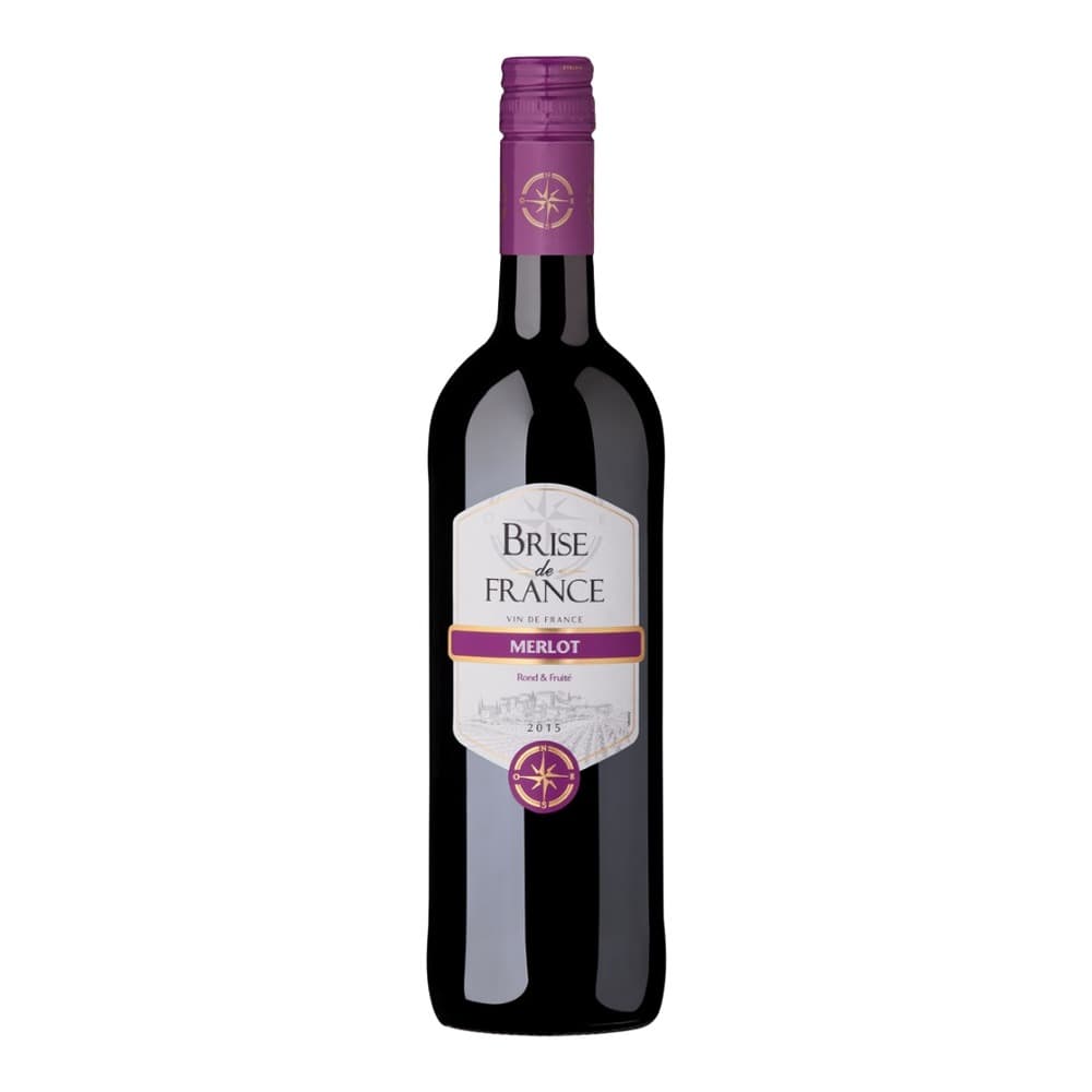 A bottle of Brise de France Merlot red wine with a purple foil-wrapped top and white label featuring a compass rose design, displayed against a white background.