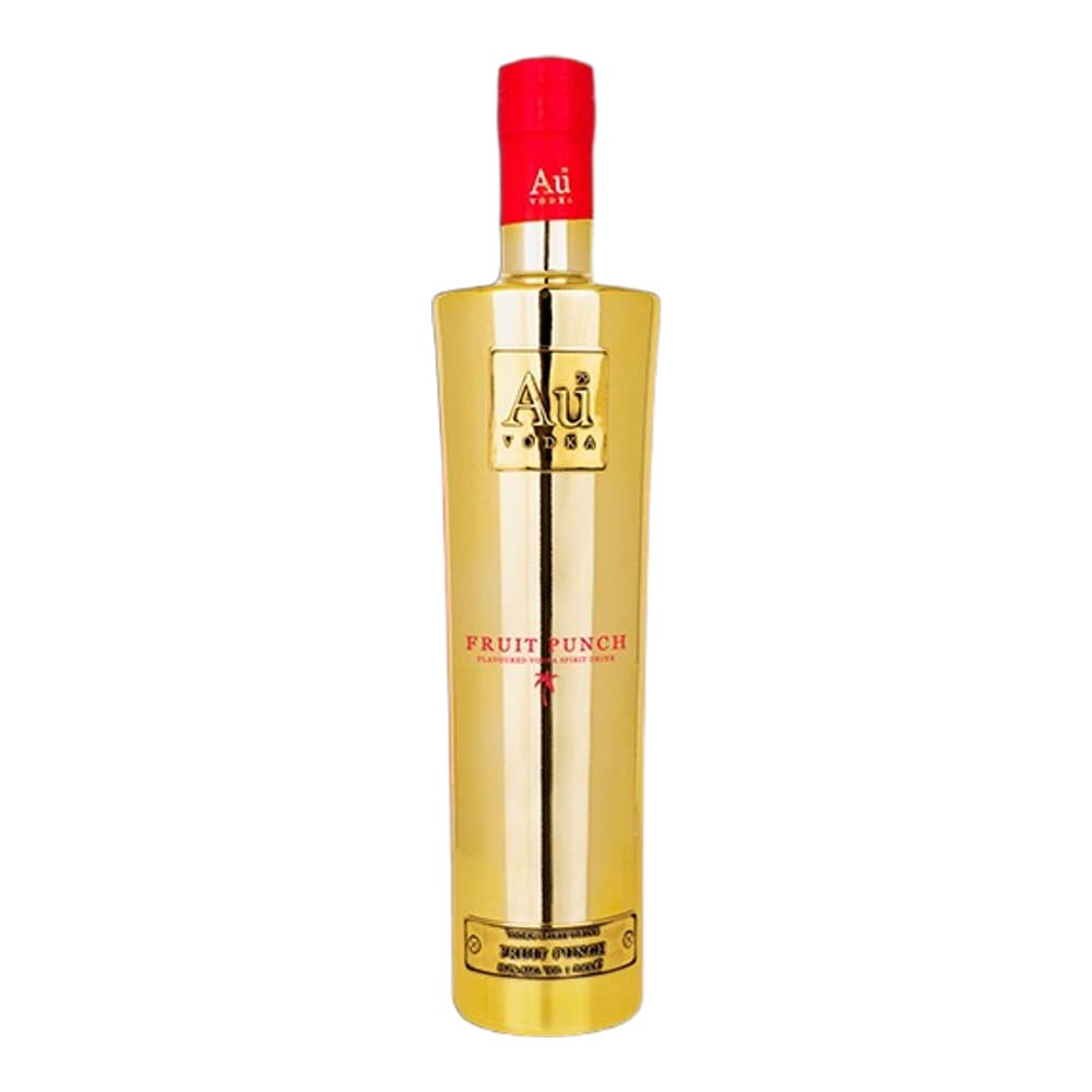 A yellow-labelled Aldi Fruit Punch bottle with red cap and gold accents, displayed on a wooden surface against a blurred colourful background.