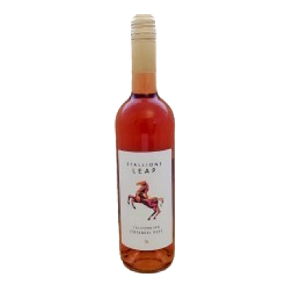 A bottle of rosé wine against a plain white background, featuring a red horse logo on the white label.