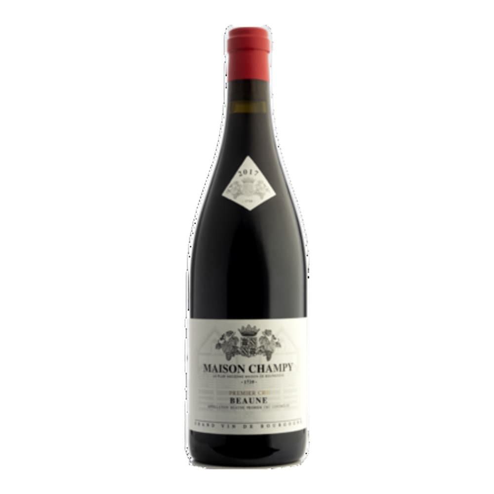 A bottle of Maison Champy Beaune red wine with a red foil cap and white label, photographed against a plain white background.