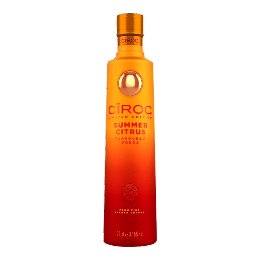A bottle of CÎROC Summer Citrus flavoured vodka with gradient orange and red packaging on a white background.