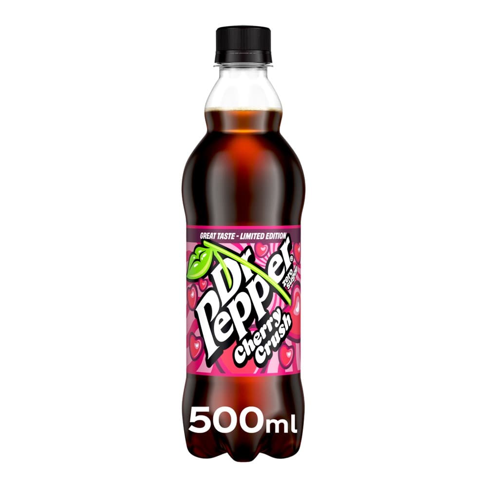 A 500ml bottle of Dr Pepper Cherry Crush limited edition soft drink with a black screw cap, filled with dark cola liquid, displayed against a white background.