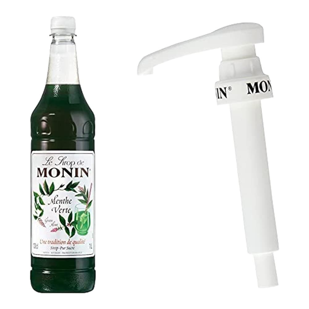 A bottle of Monin Menthe Verte (Green Mint) syrup next to a white pump dispenser, both displayed against a white background.