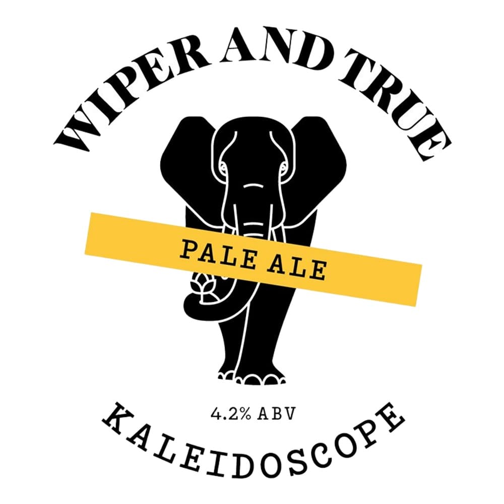 Black and white logo featuring an elephant holding a beer glass with a yellow banner reading 'Pale Ale' and text 'Wiper and True' and 'Kaleidoscope' with 4.2% ABV indicated