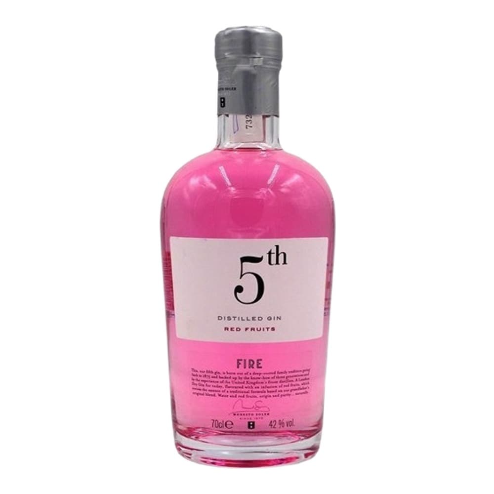 A bottle of 5th distilled gin with red fruits flavour, featuring vibrant pink liquid and a grey cap on a white background.