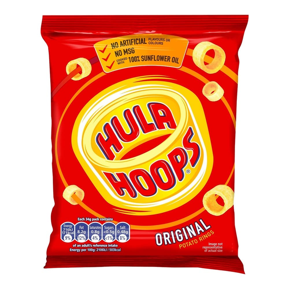 Red and yellow packet of Hula Hoops Original Potato Rings with brand logo and product information displayed on front