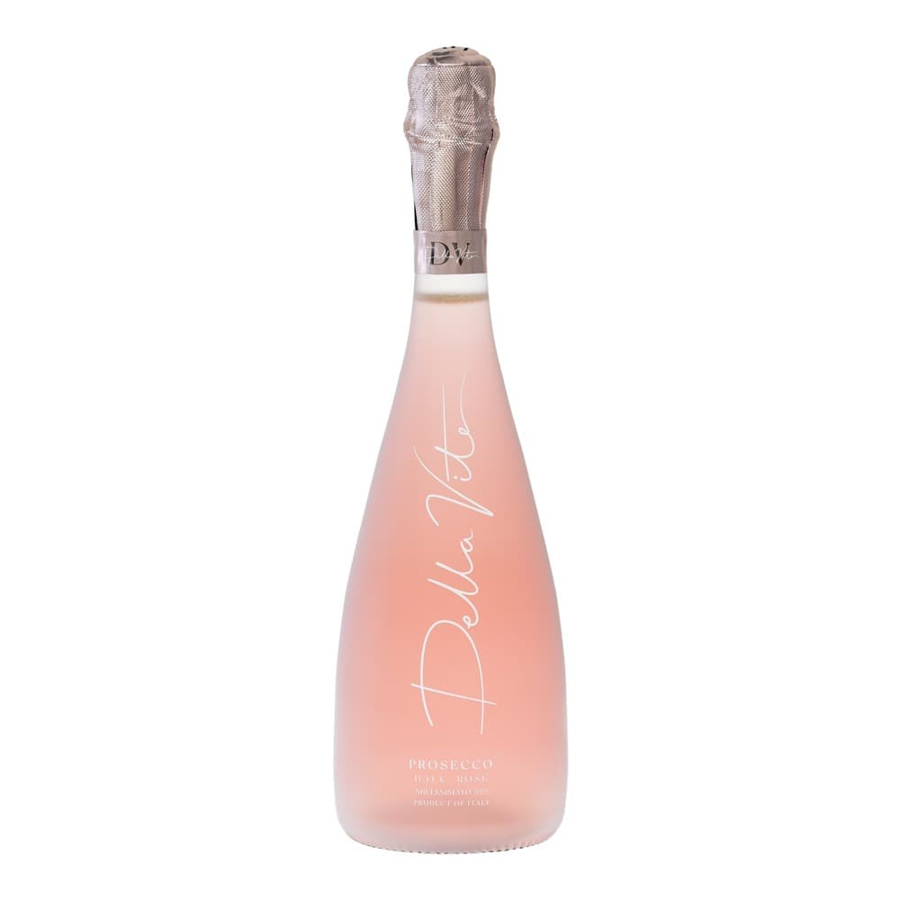 A bottle of Della Notte Prosecco Rosé sparkling wine with a rose-pink label and mesh foil cap, displayed against a white background.