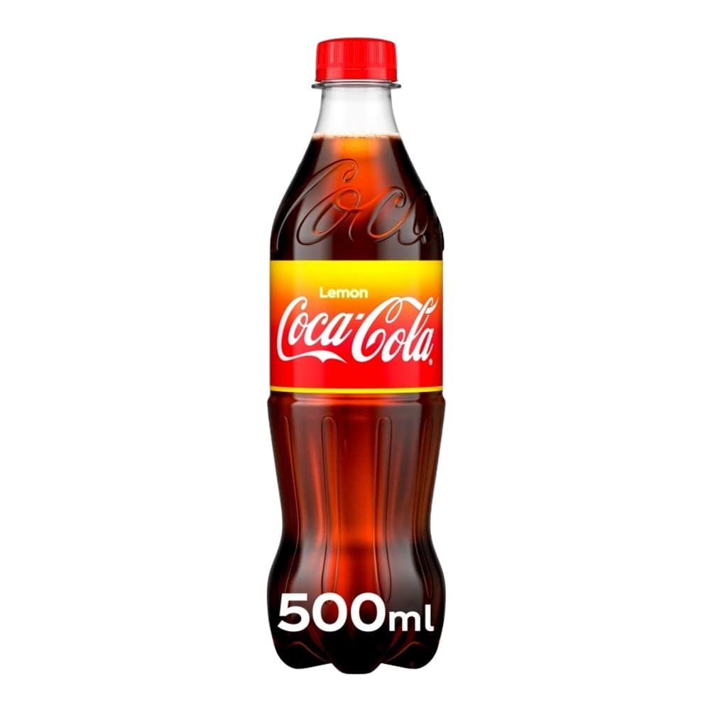 A 500ml bottle of Coca-Cola Lemon with a red cap and label on a white background