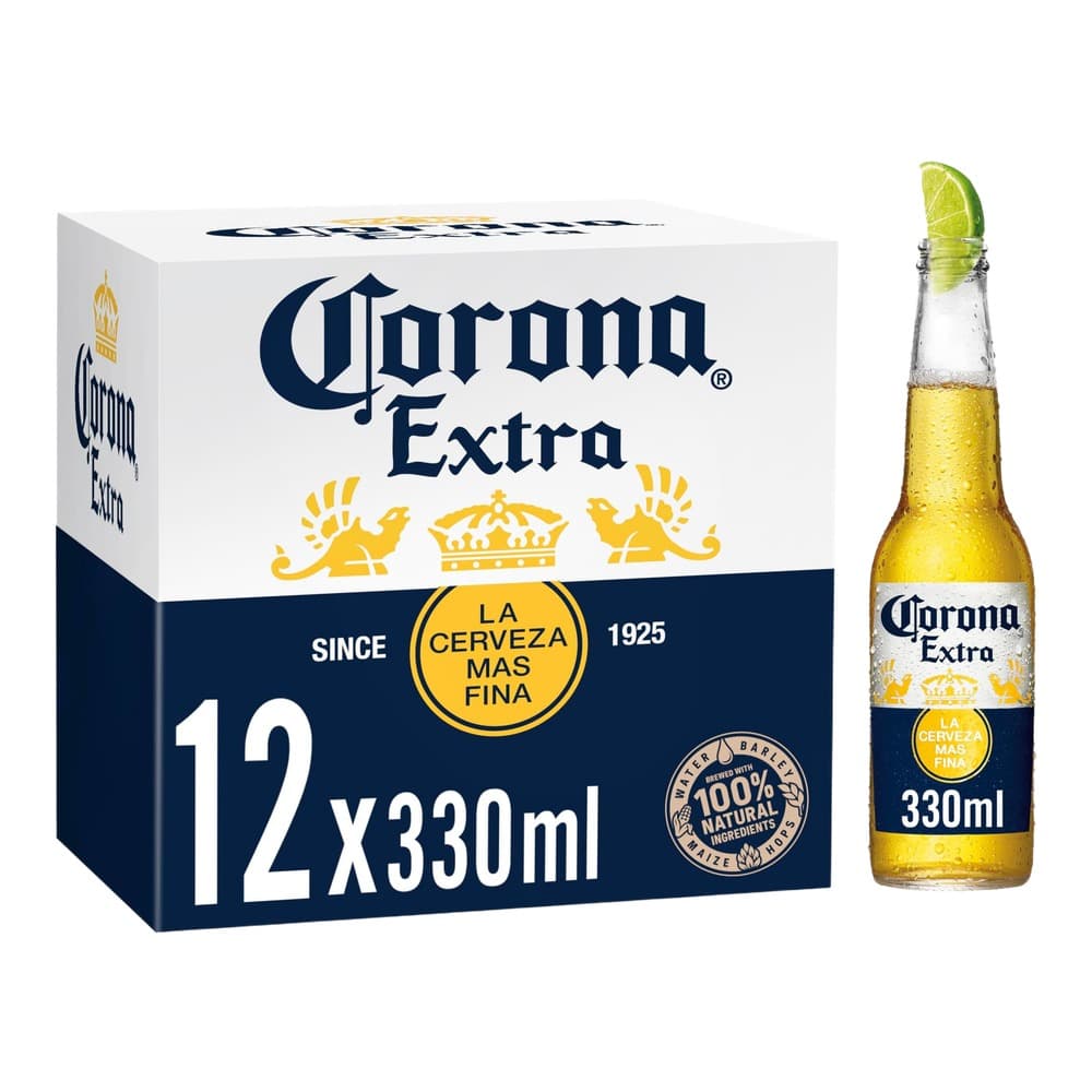 Corona Extra beer 12x330ml pack shot featuring a single bottle with lime wedge and white cardboard box on plain white background