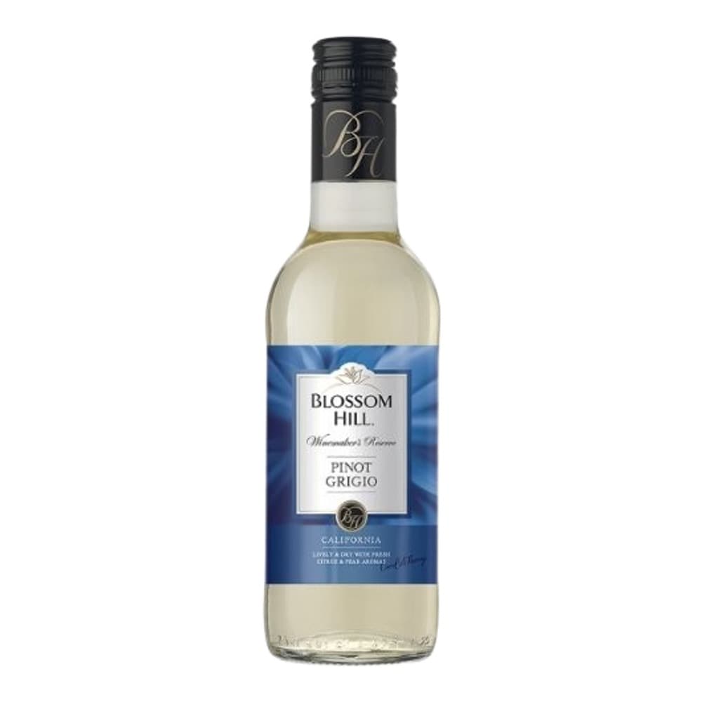 A bottle of Blossom Hill Pinot Grigio white wine with a blue label on a plain white background