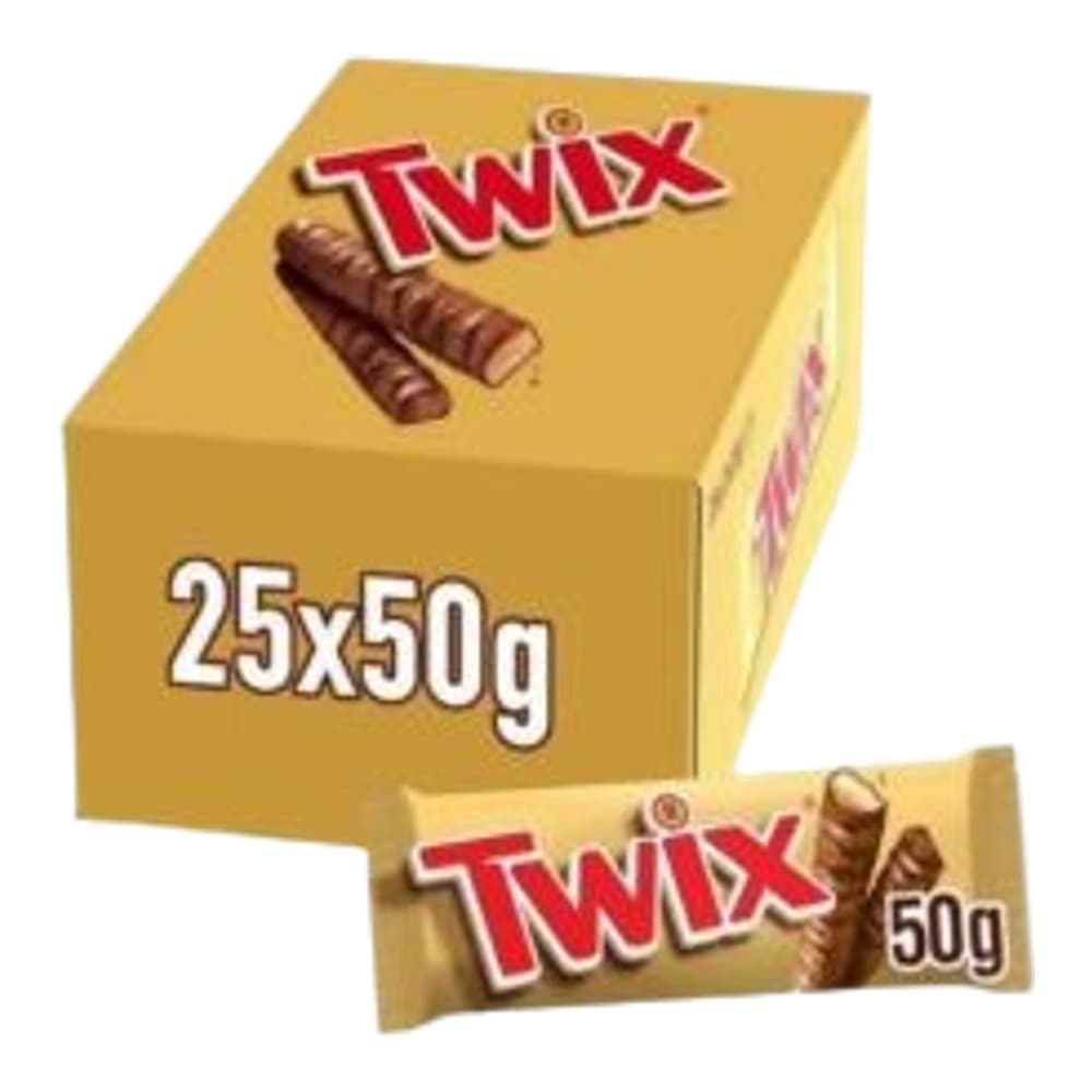 Yellow box of Twix chocolate bars showing 25 pack of 50g individual bars with product packaging displayed
