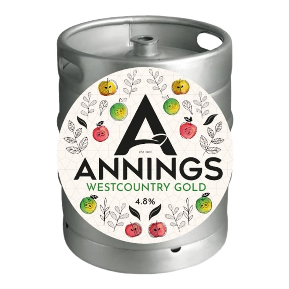 A silver metal keg with a white label featuring the Annings Westcountry Gold branding, decorated with colourful apple illustrations and botanical leaf designs.