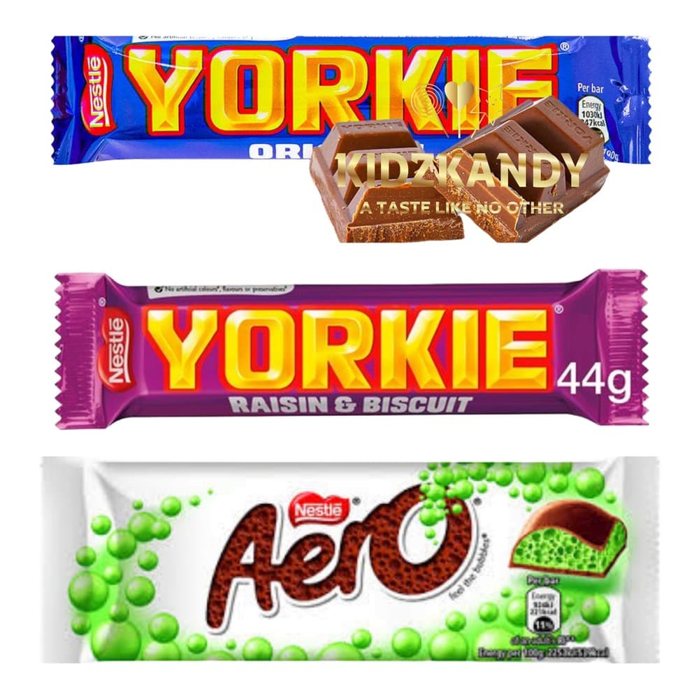 Three Nestlé chocolate candy bar products displayed against a white background: Yorkie Original, Yorkie Raisin & Biscuit, and Aero mint flavour bars with their packaging visible.