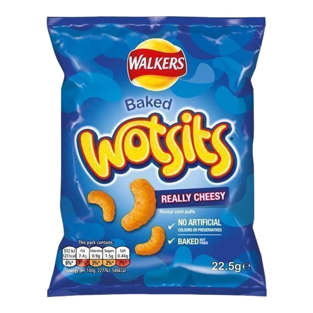 Blue packet of Walkers Baked Wotsits Really Cheesy flavour corn puffs, 22.5g, displayed against a plain background
