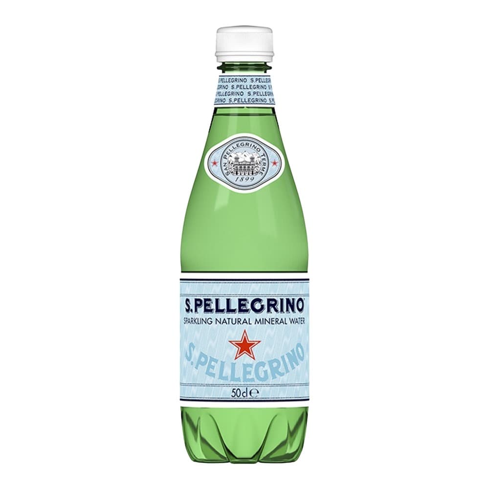 A 50cl bottle of S.Pellegrino sparkling natural mineral water with a white cap, green glass, and light blue label featuring a red star and the brand logo.