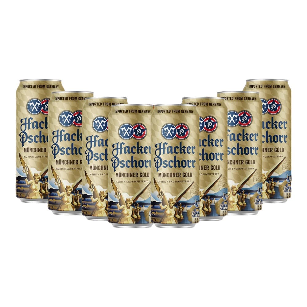 Multiple Hacker-Pschorr Munich Gold beer cans arranged on a wooden surface with warm bokeh lighting in the background.