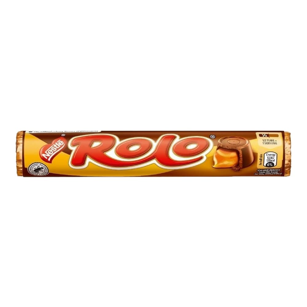 A Nestlé Rolo chocolate bar displayed against a plain white background, showing the packaging with red branding and caramel-filled chocolate illustration.